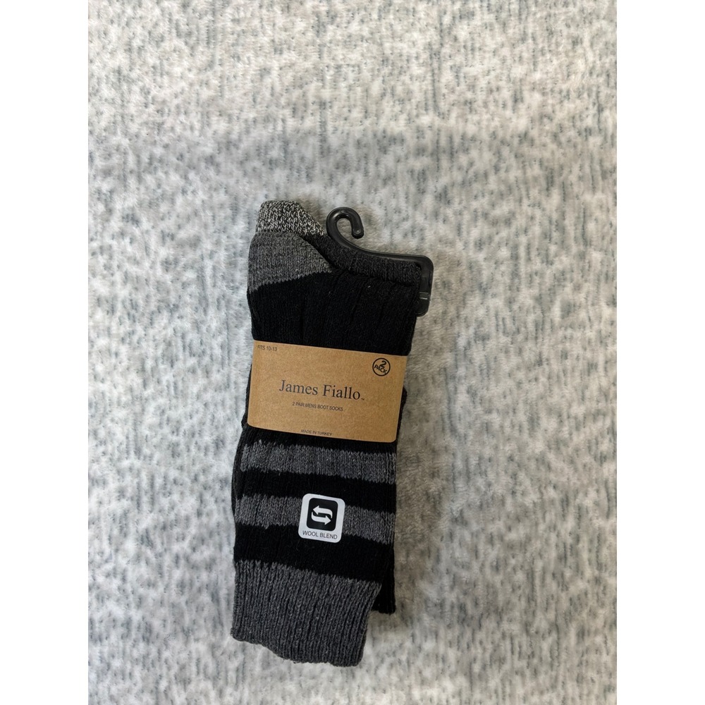 James Fiallo Mens 2 Pack Wool Blend Boot Socks Black Grey Striped Size 10-13